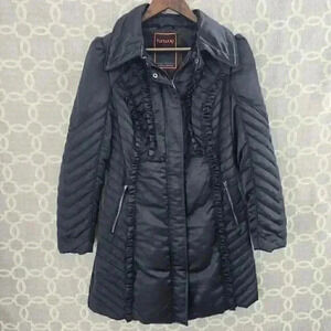 Runway‎ New York Navy Blue Ruffle Luce back Long Puffer Coat Women's L